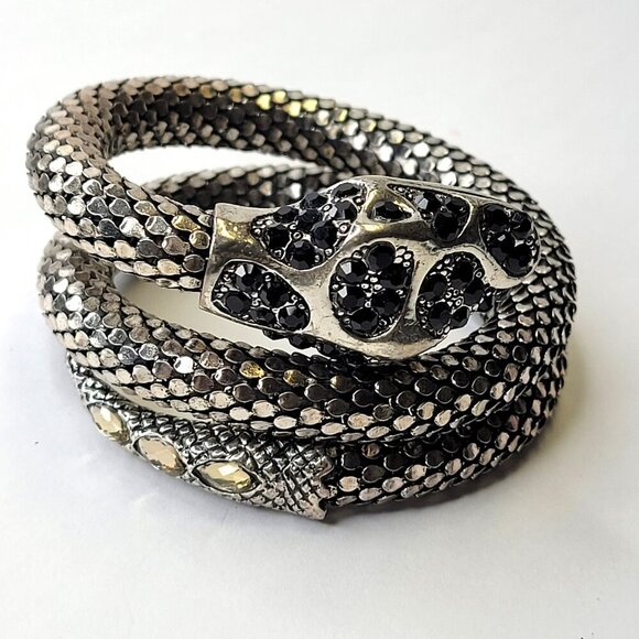Black and Clear Rhinestone 3 Coil Serpent SIlver Snake Bracelet - Picture 9 of 10